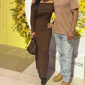 Brown Off-Shoulder Ribbed Dress